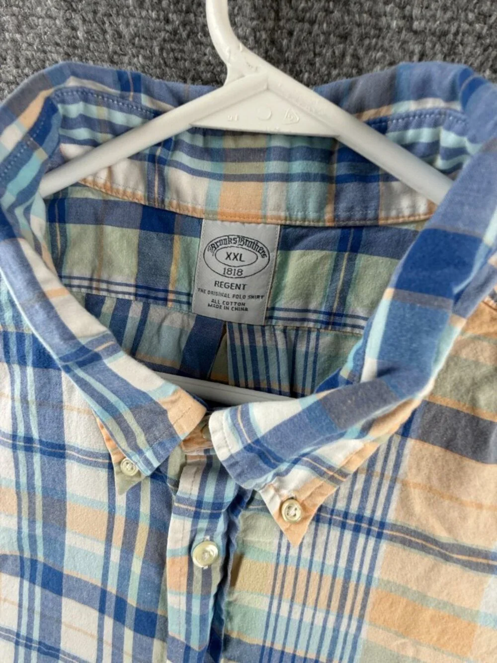 Brooks Brothers Beige Blue Plaid Button-Down 2XL Short Sleeve Regent Cotton Mens